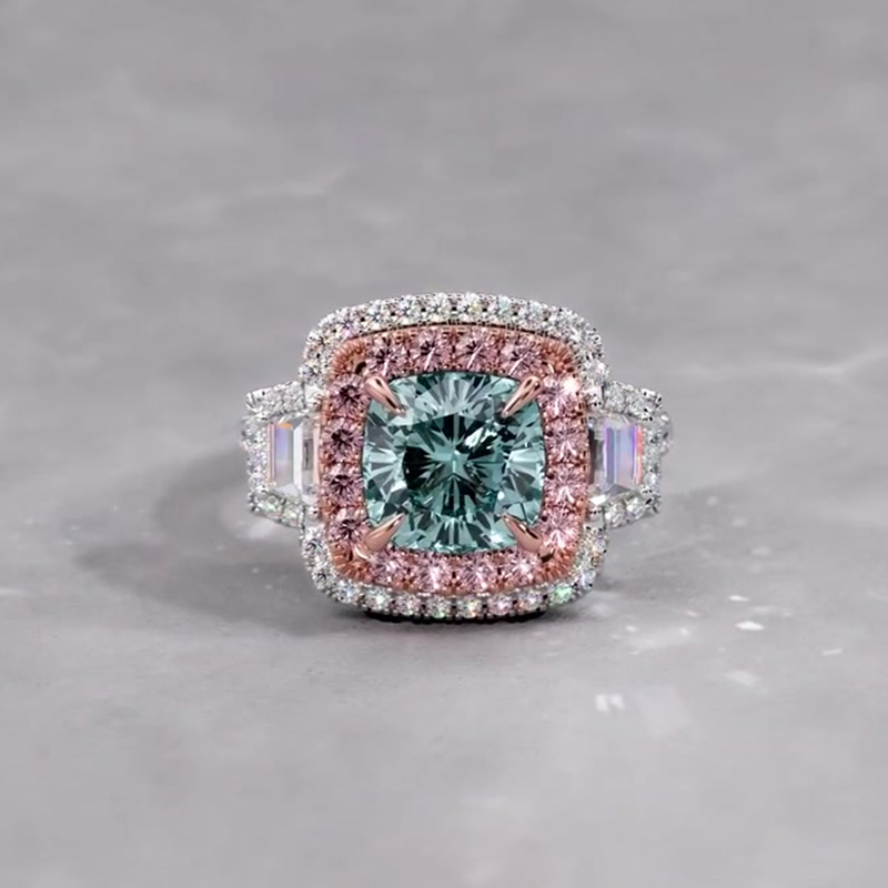 2.5ct Cushion Cut Aquamarine Sapphire Double Halo Engagement Ring