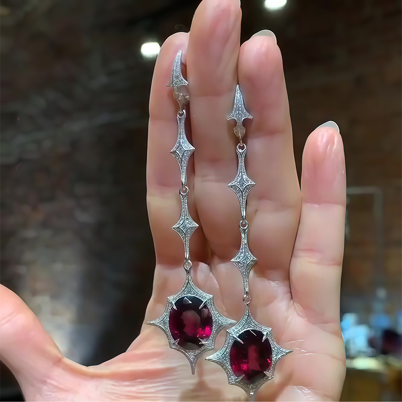 Art Deco-Inspired Rhodolite Garnet & White Sapphire Long Drop Earrings