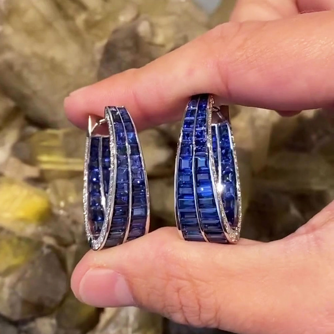 Invisible Setting Blue Sapphire Inside-out Hoop Earrings