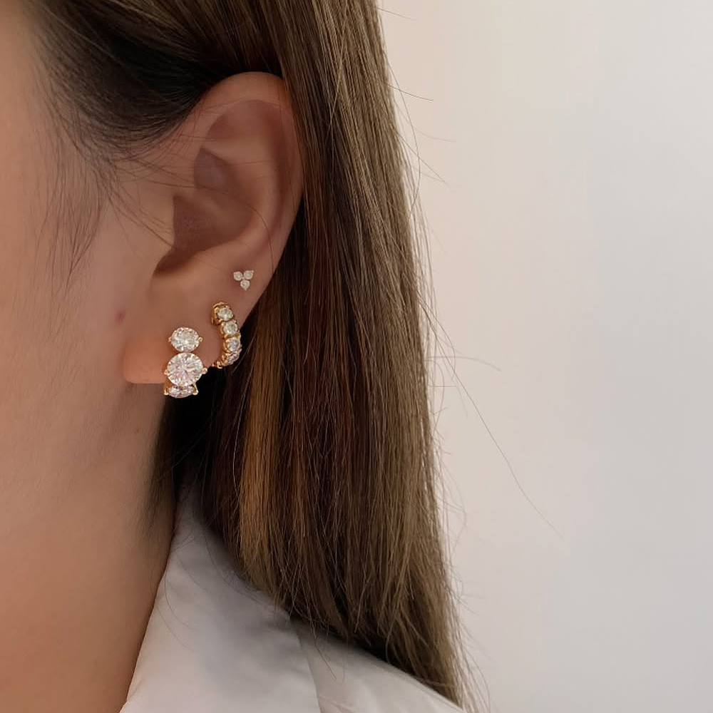 Round Cut White Sapphire Three Stone Hoop Earrings