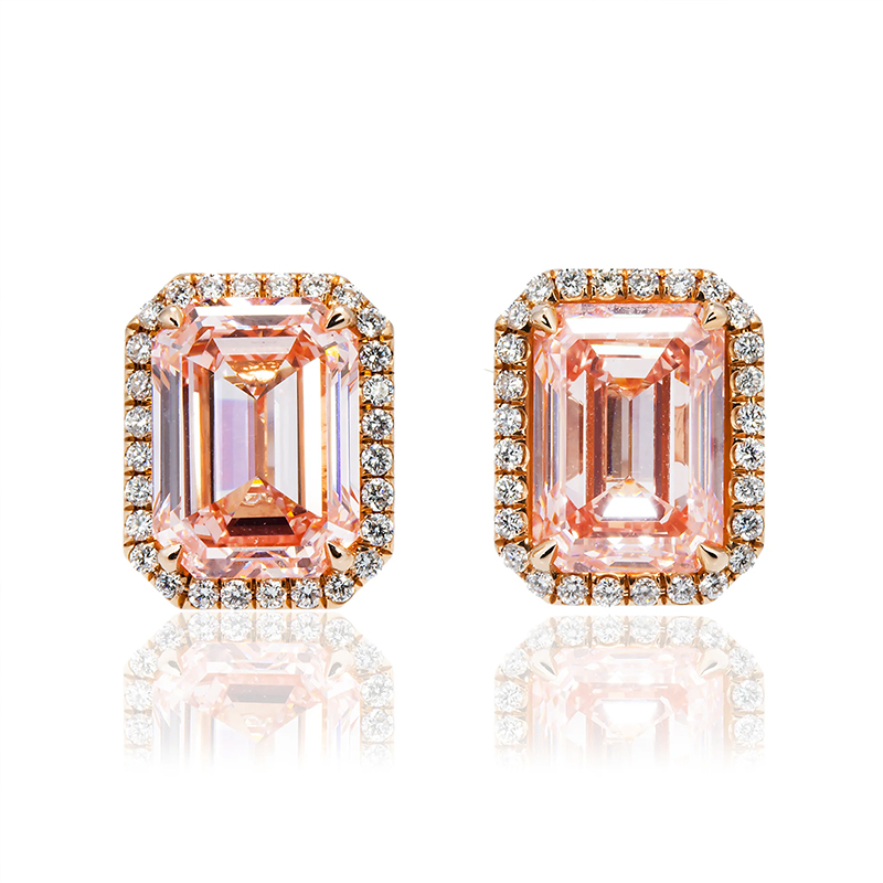 Halo Emerald Cut Pink Sapphire Stud Earrings