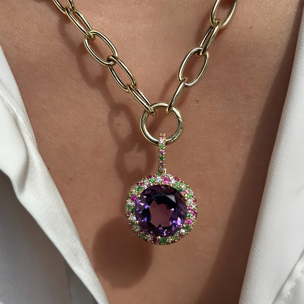 Round Cut Purple Sapphire Halo Pendant Necklace