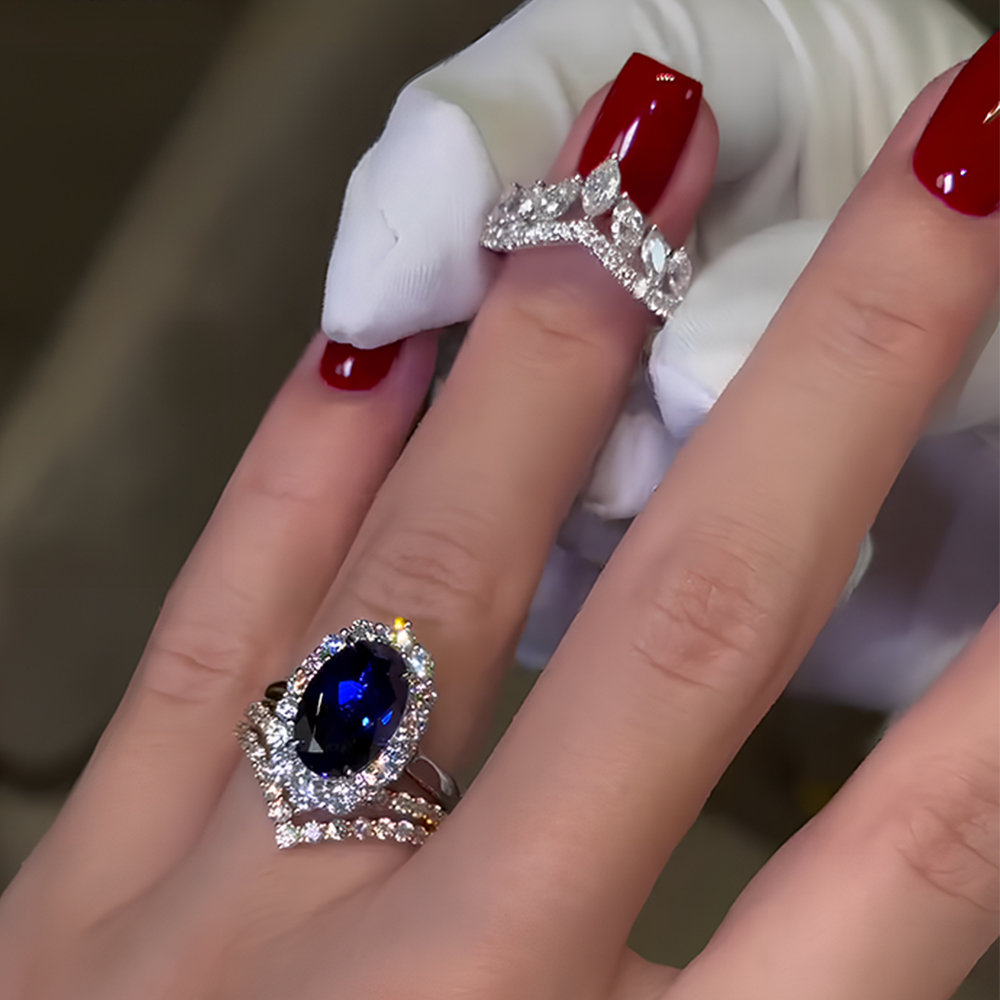 Halo 4ct Oval Cut Blue Sapphire Wedding Set/3pcs