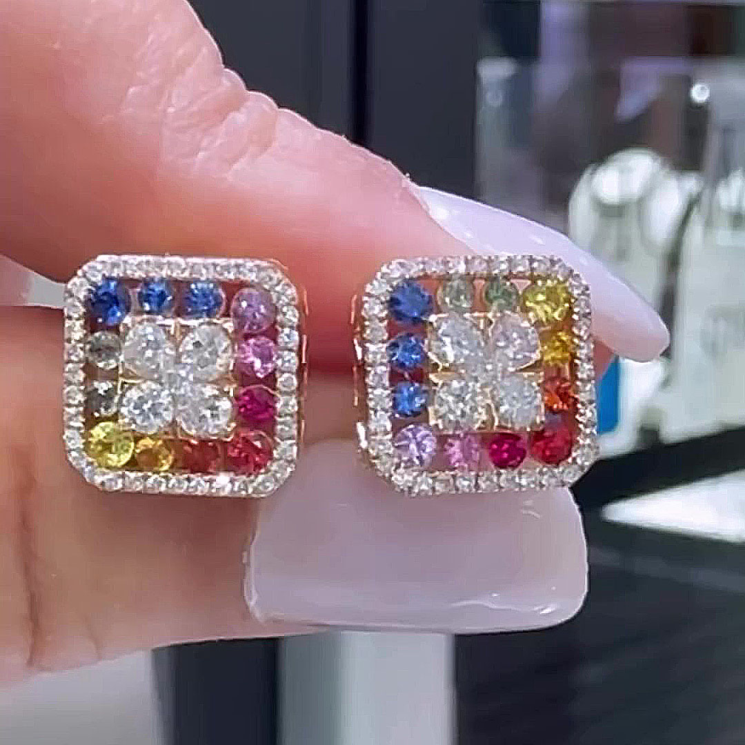 Round Cut Rainbow Sapphire Stud Earrings