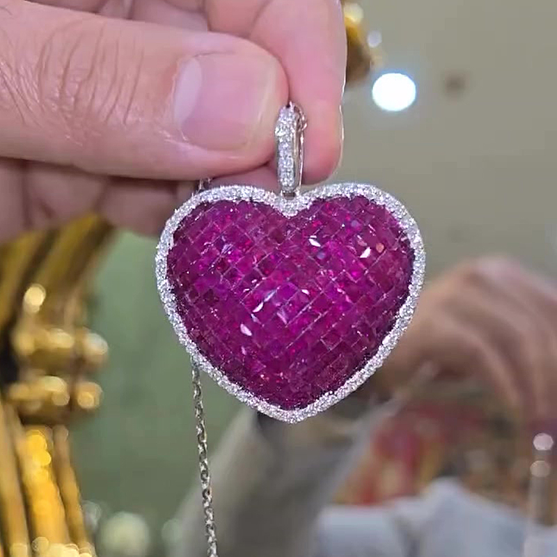 Invisible Setting Princess Cut Ruby Heart Pendant Necklace