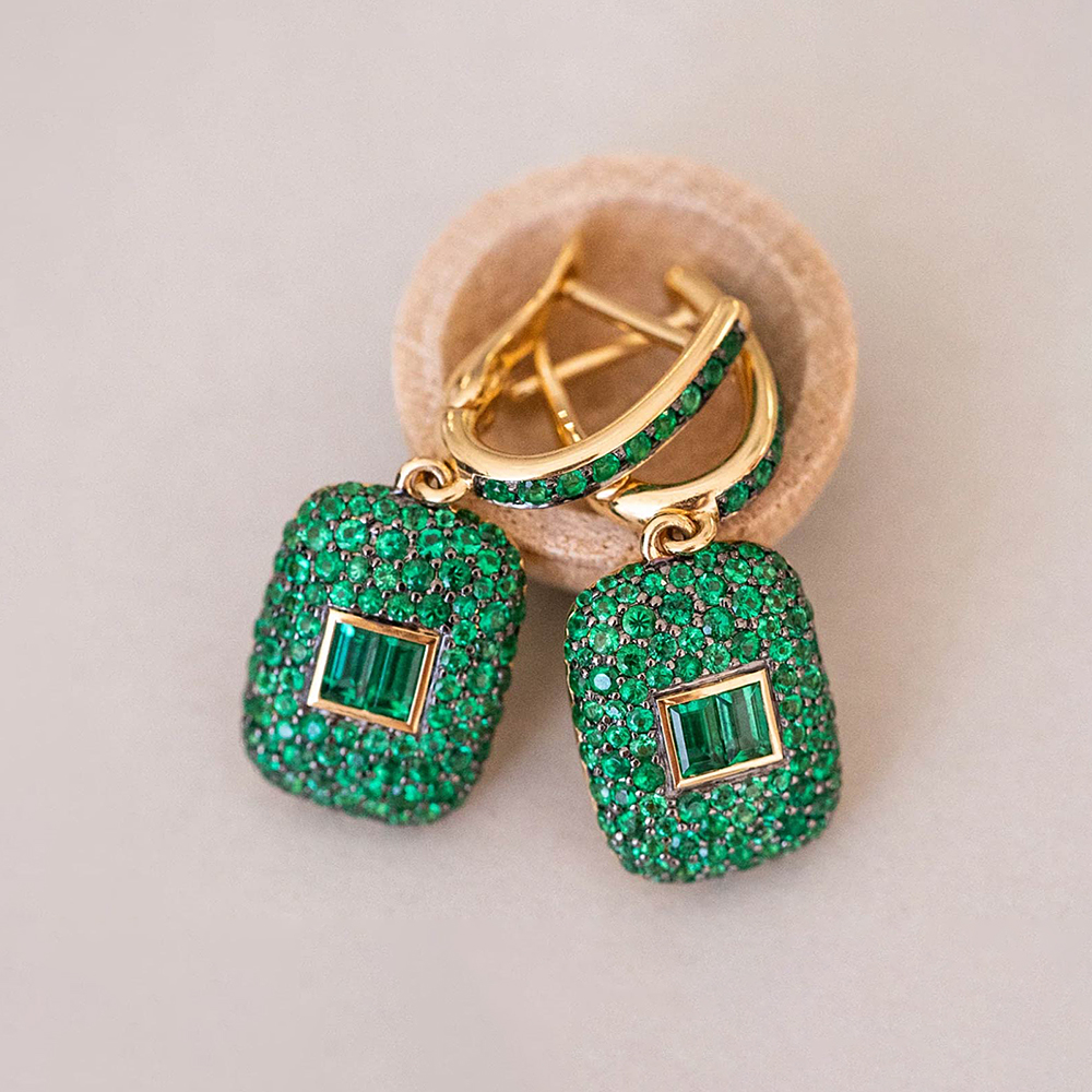 Micro Pave Setting Emerald Sapphire Dangle Earrings