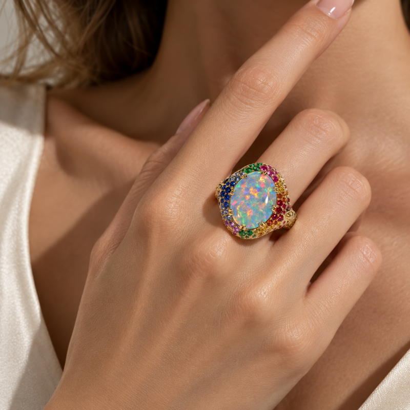 Art 6.75ct Oval Cut Opal & Round Cut Multicolor Sapphire Halo Engagement Ring