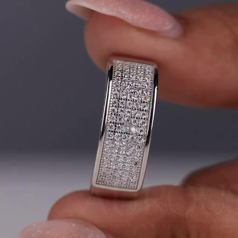 Pave Setting 1.3ct Round Cut White Sapphire Men's Wedding Band