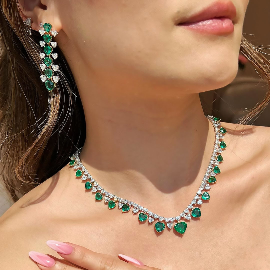 Heart Cut Emerald Sapphire Necklace&Earrings Set