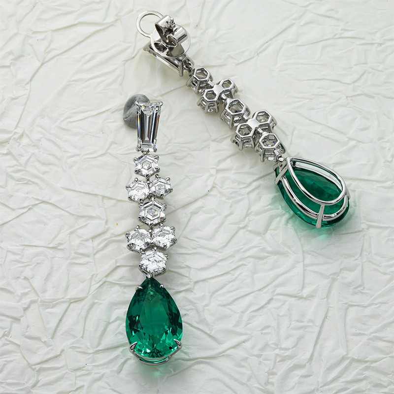 Two Tone White&Emerald Sapphire Drop Earrings