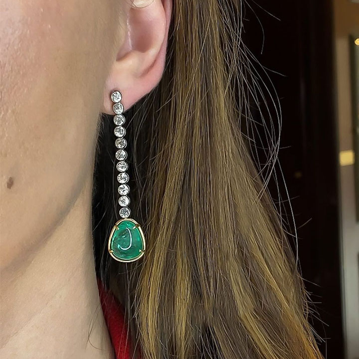 Two-tone Emerald&White Sapphire Dangle Earrings