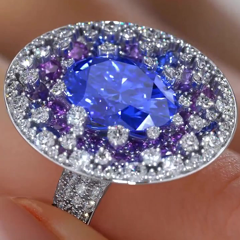 Pave Setting 2ct Oval Cut Blue Sapphire Signet Ring