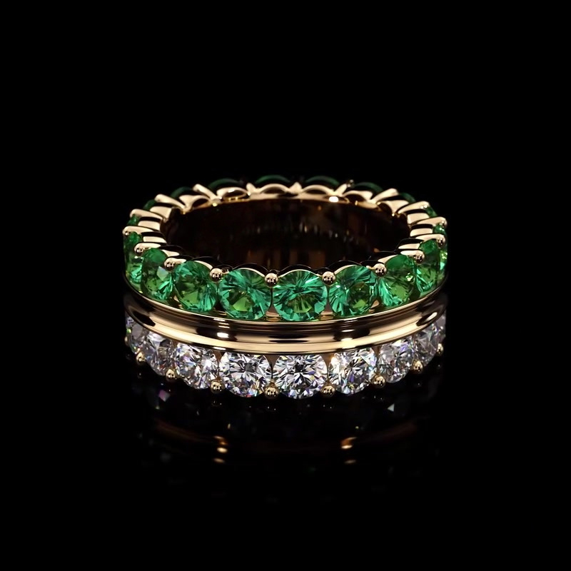 Emerald & White Sapphire Round Cut Two Color Band