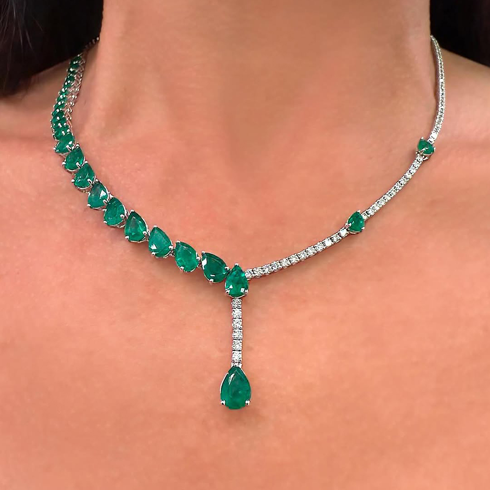 Two Tone Emerald&White Sapphire Lariat Necklace