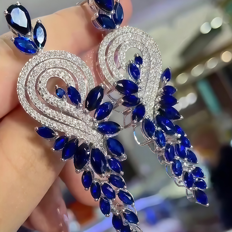 Swirl Pave Blue Sapphire Marquise Cut Drop Earrings