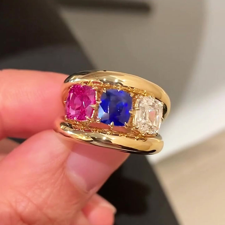 2ct Three-stone Cushion Cut Multi-color Split Shank Ring