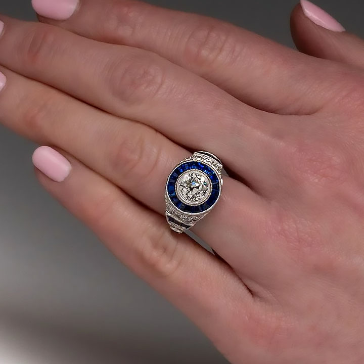 2.5ct Old European Cut Blue Sapphire Engagement Ring