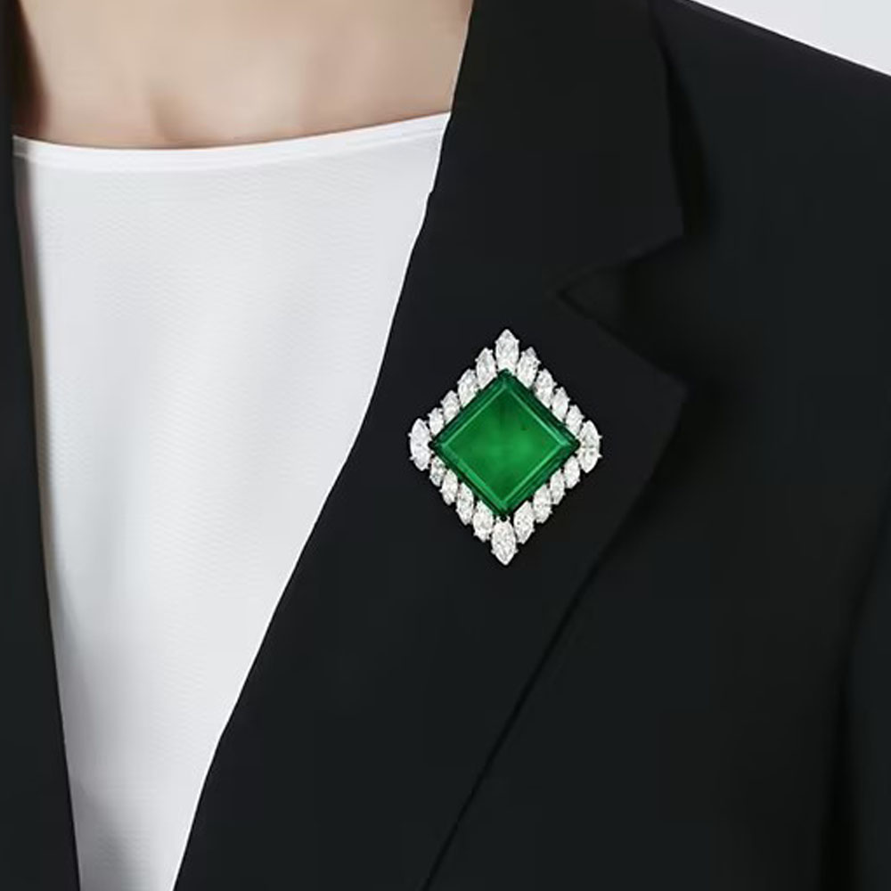 Princess&Marquise Cut Halo Emerald Sapphire&Diamond Brooch