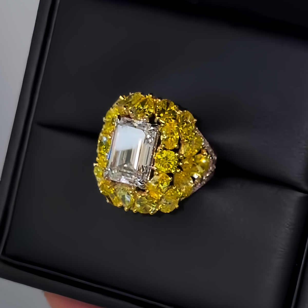 3ct Emerald Cut White Sapphire & Round Cut Yellow Sapphire Ring