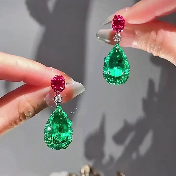 Two-tone Pear Cut Emerald&Ruby Sapphire Dangle Earrings