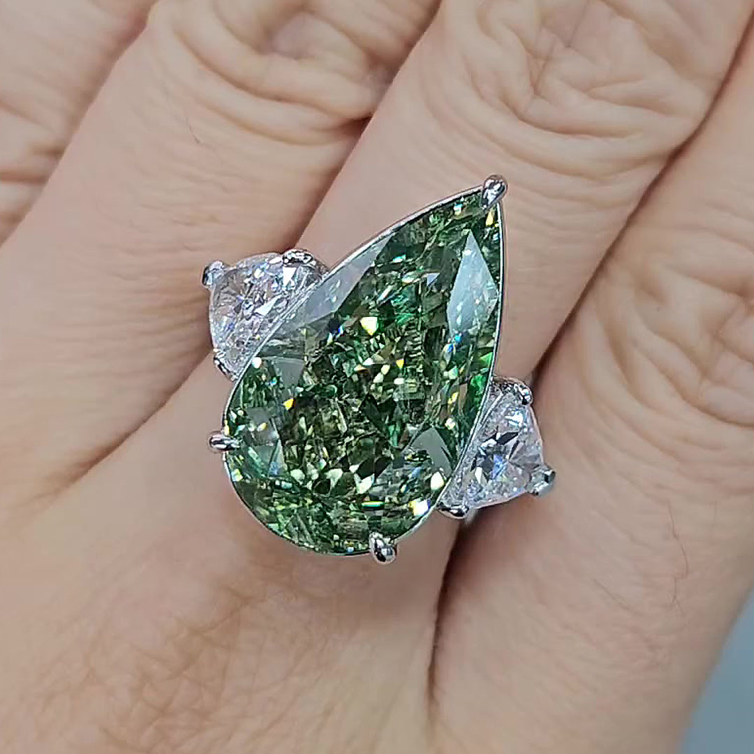 5ct Three-stone Pear Cut Green Ice Dapple Sapphire Engagement Ring