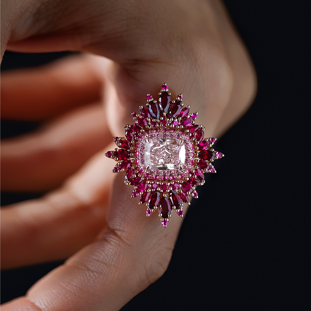 Ruby Halo 8ct Cushion Cut Pink Sapphire Cocktail Ring