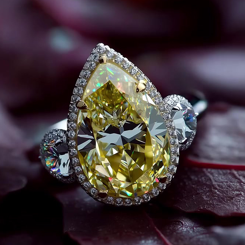 Halo Accent Yellow Sapphire Pear Cut Three-Stone Engagement Ring