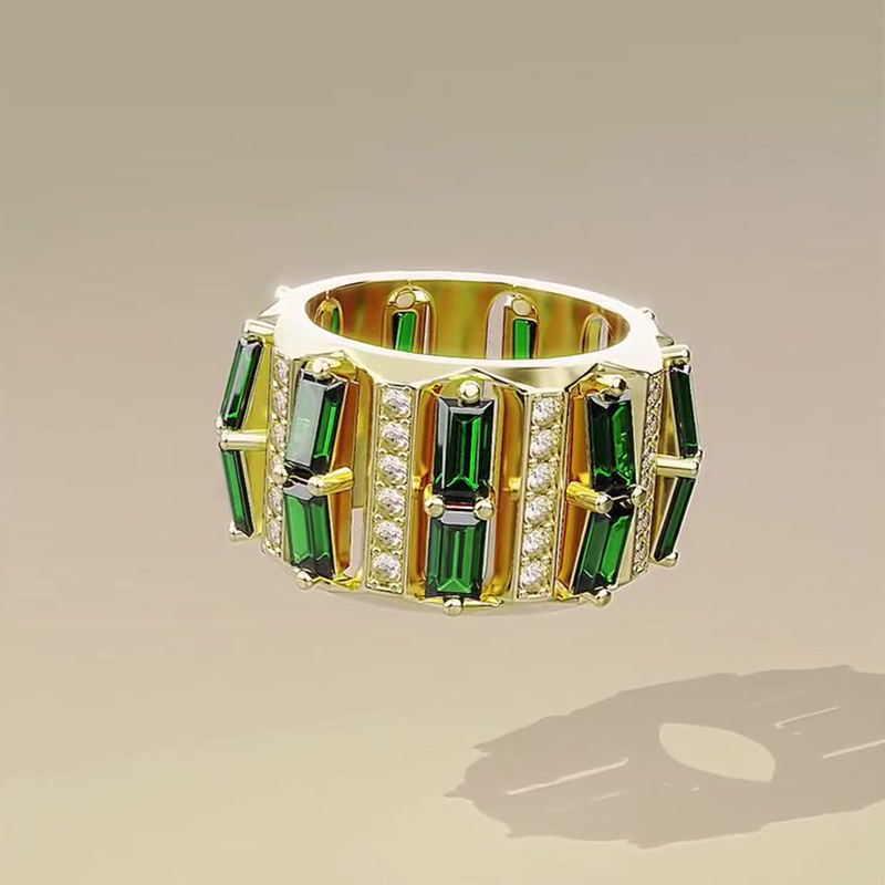 Baguette Emerald & White Sapphire Wide Band Statement Men's Ring