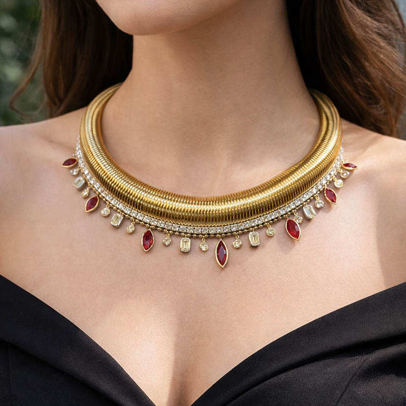 Tubogas Red & White Sapphire Fringe Choker Necklace