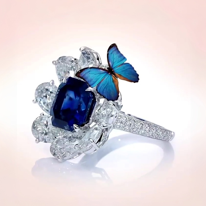 Classic 3ct  Asscher Cut Blue & White Sapphire Engagement Ring
