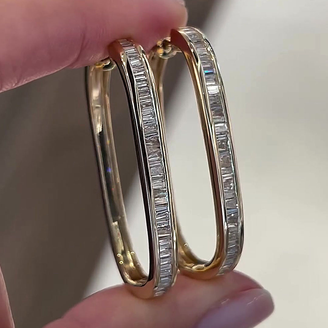 Emerald&Trapezoid Cut White Sapphire Hoop Earrings