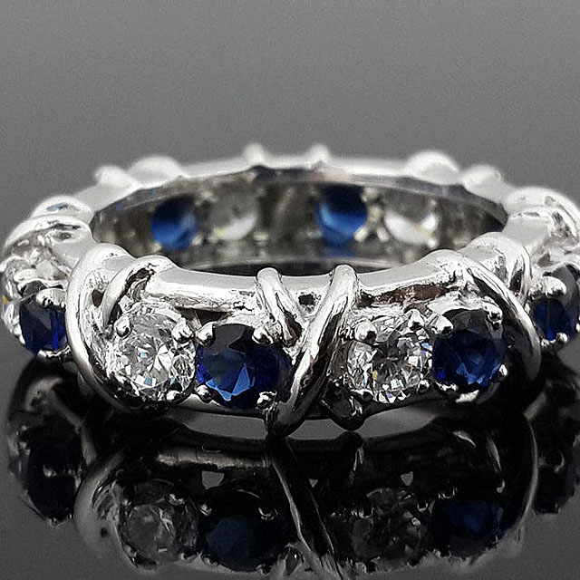 Luxury 16-Stone Blue Sapphire Eternity Ring For Ladies