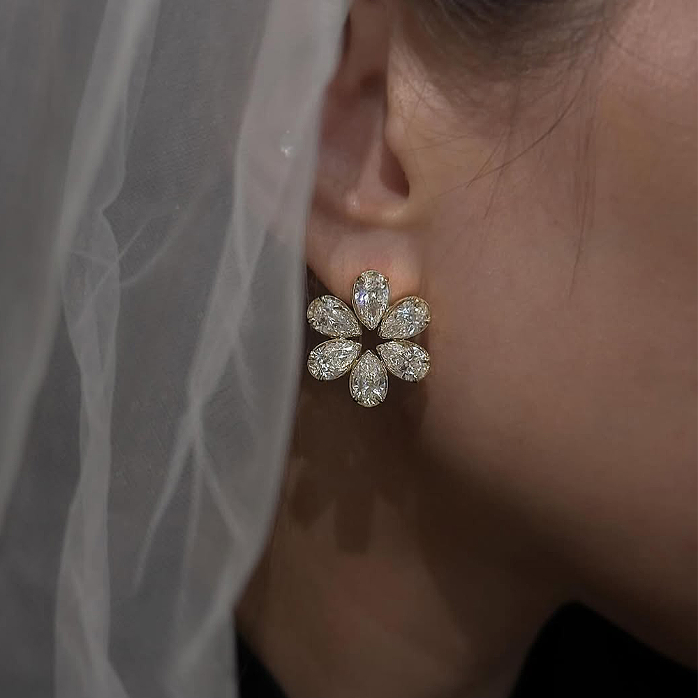 Pear Cut White Sapphire Floral Stud Earrings