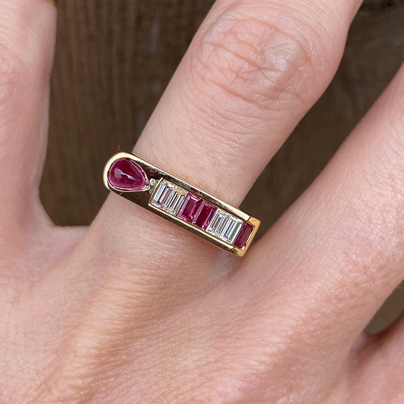 5.28ct Pear Cut Rose Sapphire & Baguette Cut Wedding Band