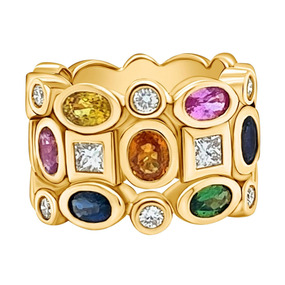 Three Row 5.85ct Rainbow Sapphire Wedding Band
