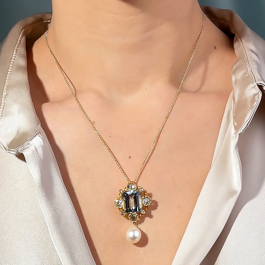 Emerald Cut Aquamarine&Pearl Sapphire Pendant Necklace
