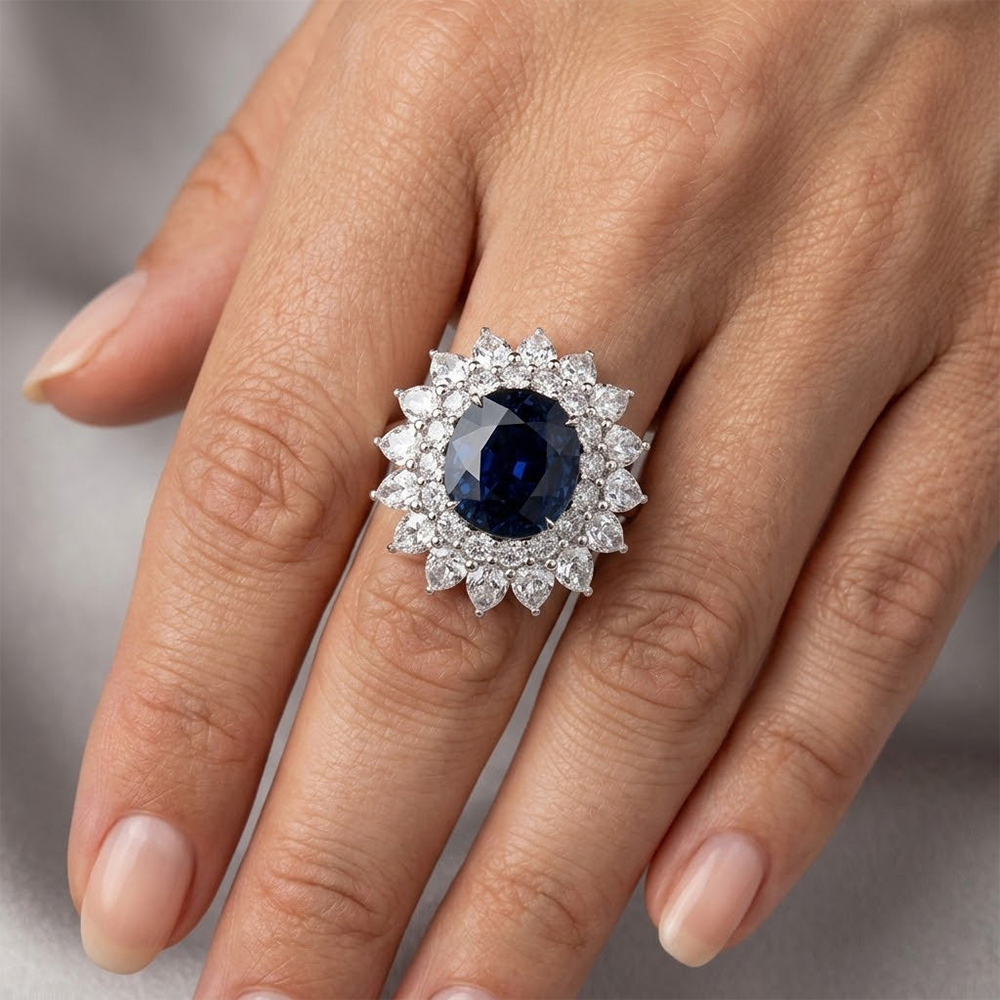 3ct Oval cut Blue Sapphire Double Halo Cocktail Ring