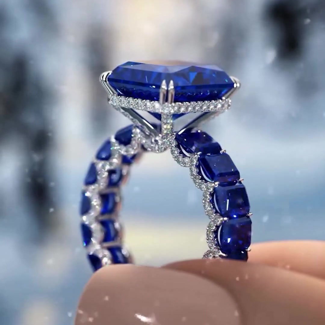 6ct Under Halo Emerald Cut Sapphire Engagement Ring