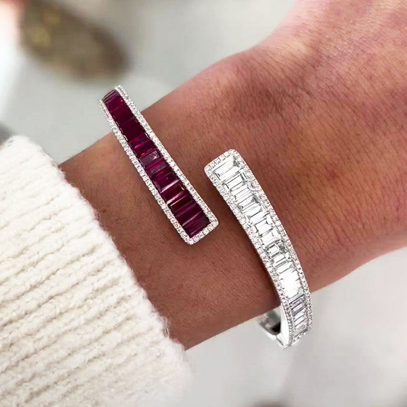 Baguette&Round Cut Ruby&Diamond Open Bracelet