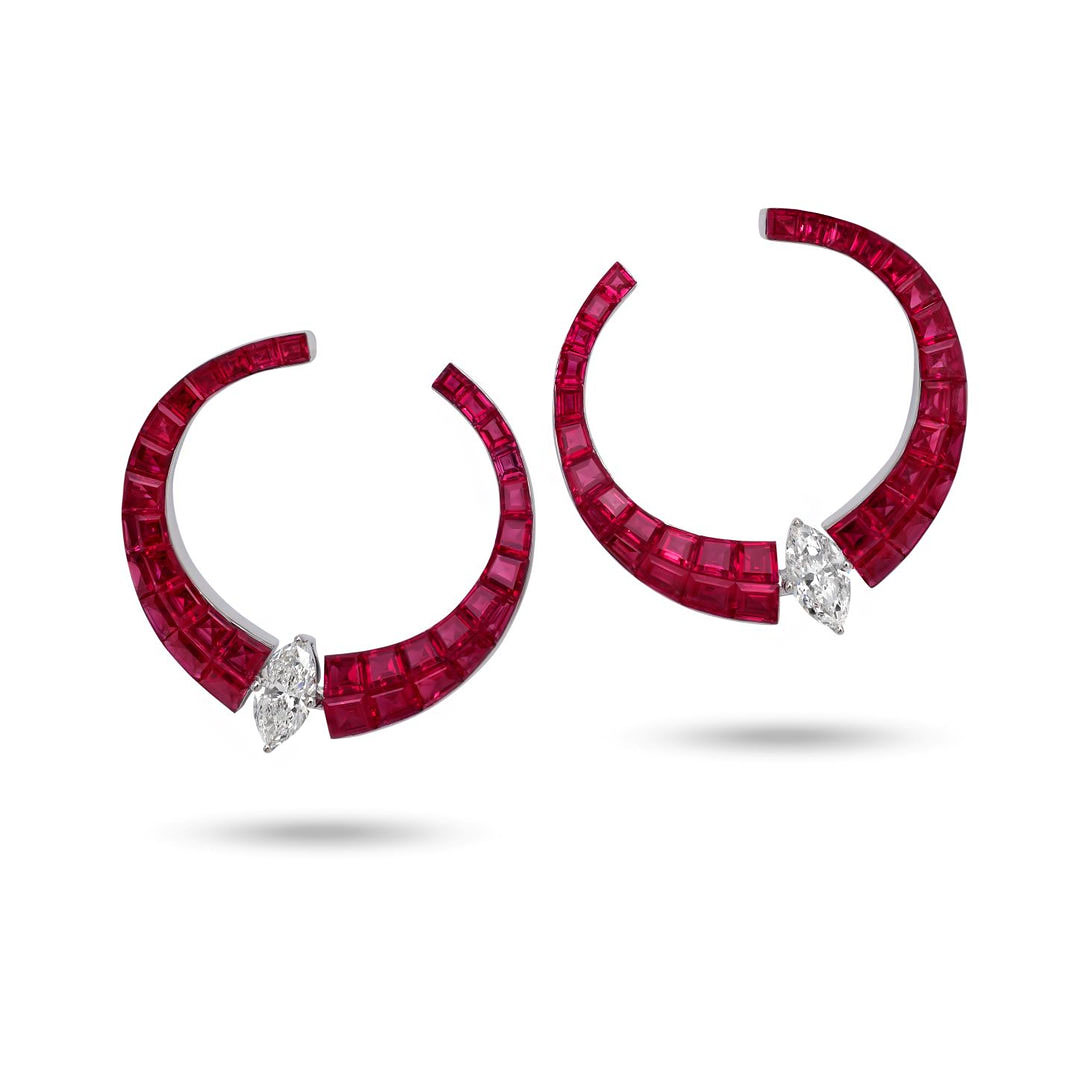 Marquise&Baguette Cut Ruby&White Sapphire Hoop Earrings