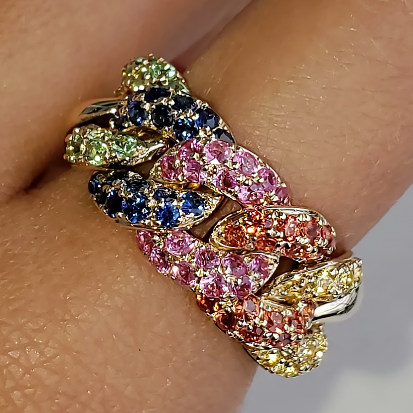 3.75ct Round Cut Rainbow Sapphire Cuban Link Ring