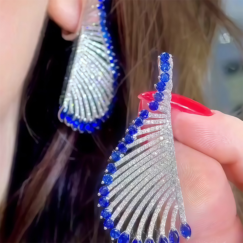 Feather Motif Pave Blue Sapphire & White Sapphire Drop Earrings