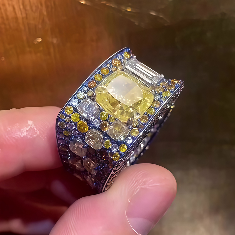 Cushion Cut Fancy Yellow Diamond & Multi-Gem Statement Ring