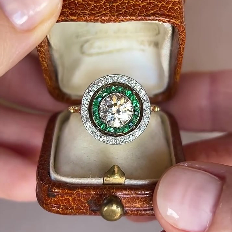 Emerald & White Sapphire Round & Princess Cut Halo Engagement Ring