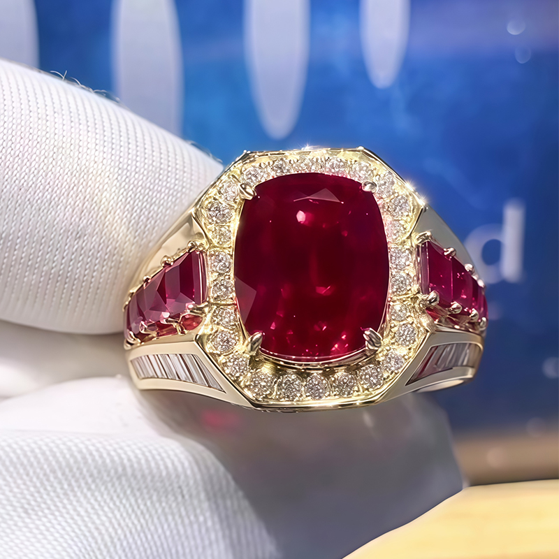 Cushion Cut Ruby & Multi-Cut White Sapphire Men's Ring