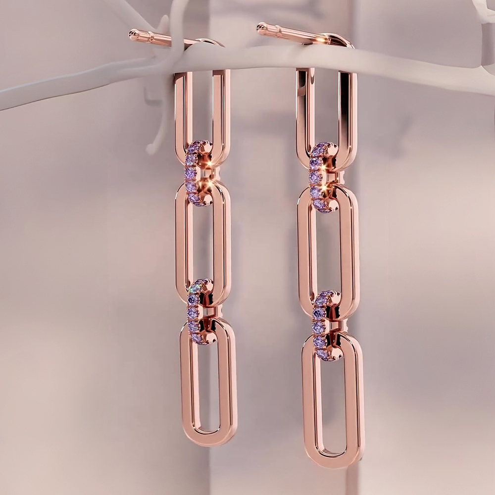 Chain-Link Round Cut Purple Sapphire Drop Earrings