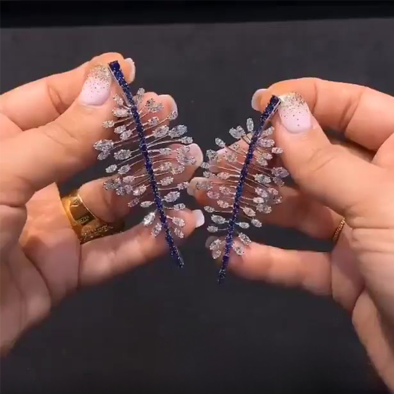 Blue Sapphire & White Sapphire Feather Drop Earrings