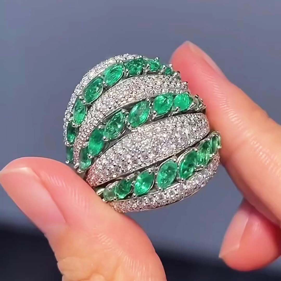 9.85ct Two-Stone Marquise&Round Cut Six Row Cocktail Ring