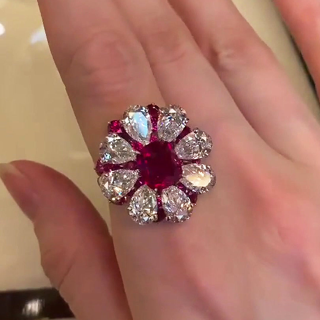 4ct Cushion Cut Ruby Sapphire Halo Flower Engagement Ring