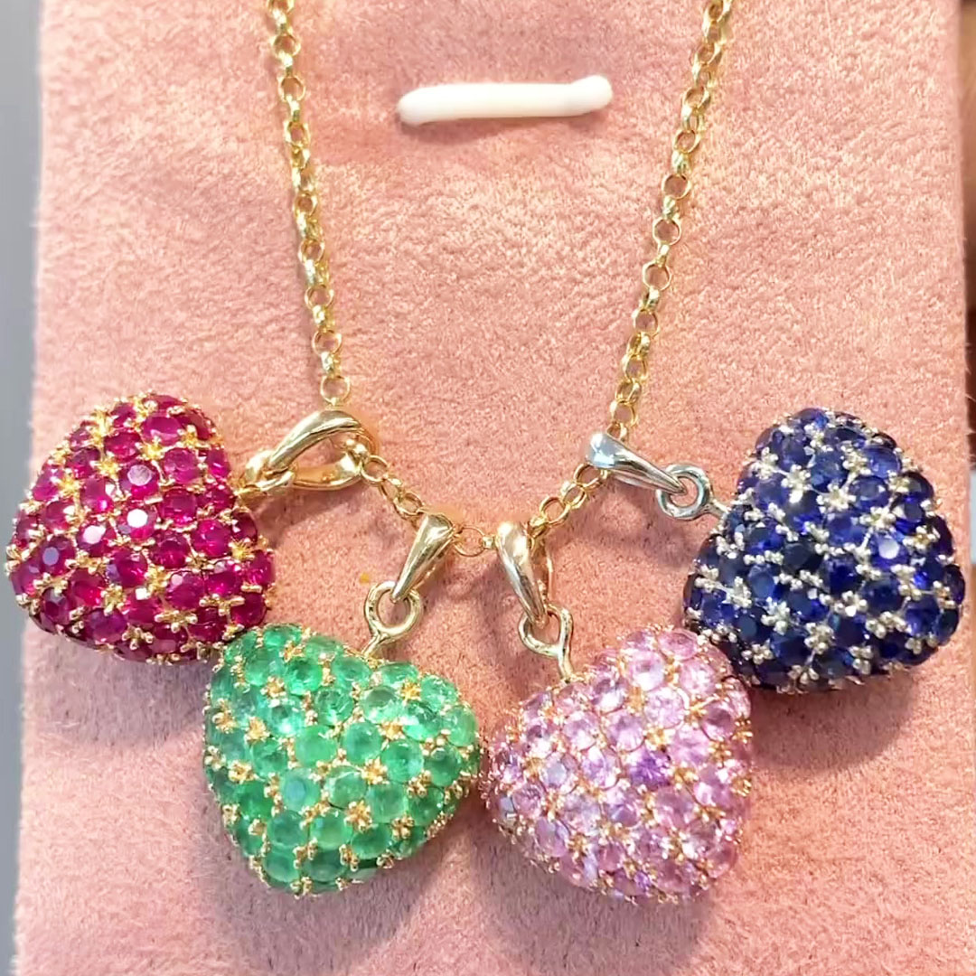 Round Cut Mulit-color Puffy Heart Pendant Necklaces